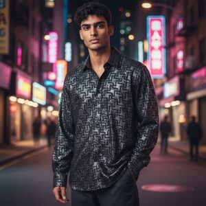 Men's Floral Black Velvet Silver Metallic Geometric Button‎ Up Long-sleeve Shirt